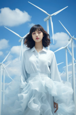 A woman in a white dress standing in front of wind turbines. Generative AI image.の素材