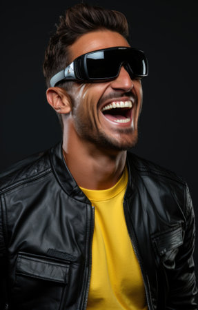 A man wearing a leather jacket and sunglasses. Generative AI image.の素材