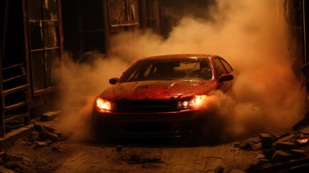 A red car driving through a tunnel with a lot of smoke coming out of it. Generative AI image.の素材