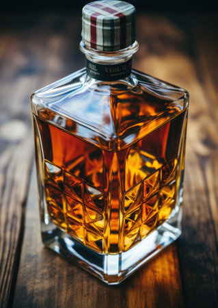 A bottle of whiskey sitting on top of a wooden table. Generative AI image.の素材