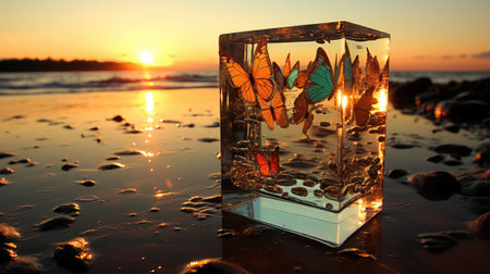 A glass vase with butterflies in it sitting on a beach. Generative AI image.の素材
