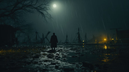 A person standing in the rain at night. Generative AI image.の素材