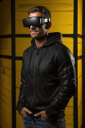 A man wearing a hoodie and a pair of virtual glasses. Generative AI image.の素材