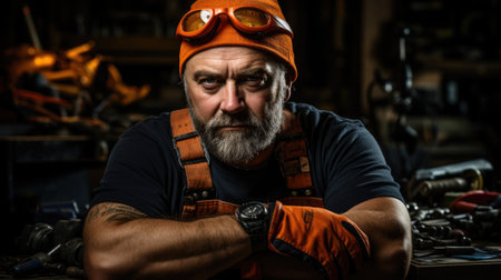 A man with a beard wearing an orange hat and goggles. Generative AI image.の素材
