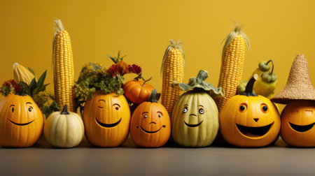 A row of pumpkins with faces painted on them. Generative AI image.の素材