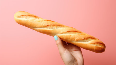 A person holding a long loaf of bread. Generative AI image.の素材