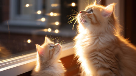Two kittens looking at each other in a window. Generative AI image.の素材