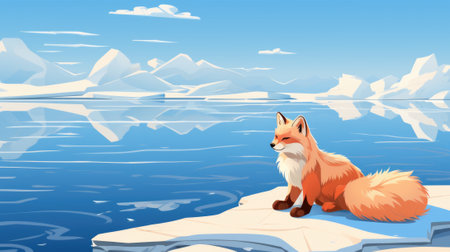 A fox sitting on top of an ice floer. Generative AI image.の素材