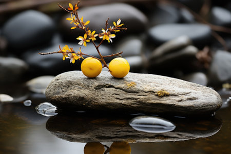 Two lemons sitting on top of a rock in the water. Generative AI image.の素材