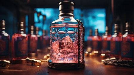 A bottle of alcohol sitting on top of a wooden table. Generative AI image.の素材