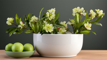 A white bowl filled with green apples next to a plant. Generative AI image.の素材