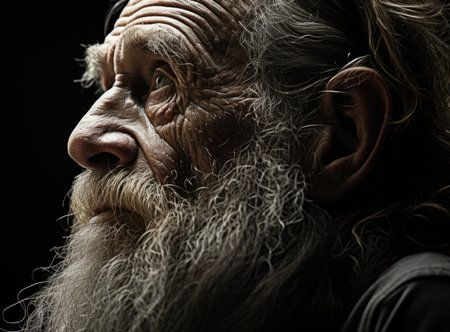 A close up of a man with a long beard. Generative AI image.の素材
