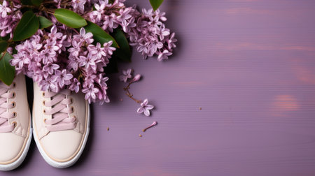 A pair of white sneakers sitting next to a bunch of purple flowers. Generative AI image.の素材