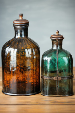 A couple of glass bottles sitting on top of a wooden table. Generative AI image.の素材