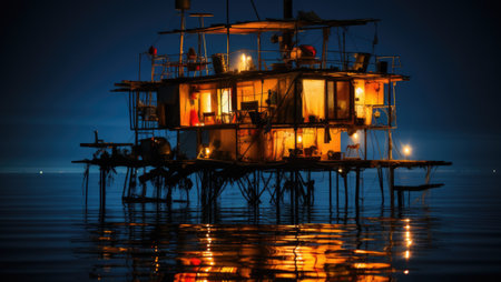 A house on stilts in the middle of a body of water. Generative AI image.の素材