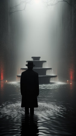 A man standing in the water in front of a fountain. Generative AI image.の素材