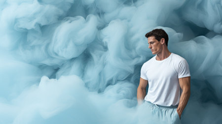 A man standing in front of a cloud of smoke. Generative AI image.の素材