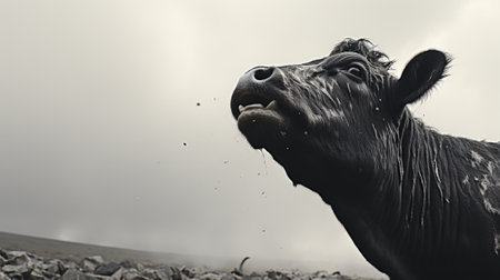 A black cow standing on top of a rocky field. Generative AI image.の素材