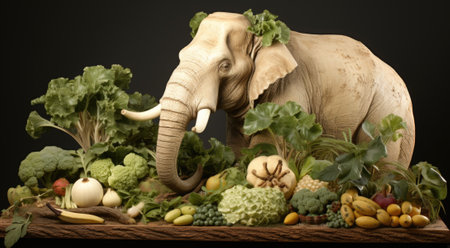 A statue of an elephant surrounded by fruits and vegetables. Generative AI image.の素材