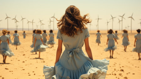 A woman in a blue dress walking through a field of wind turbines. Generative AI image.の素材