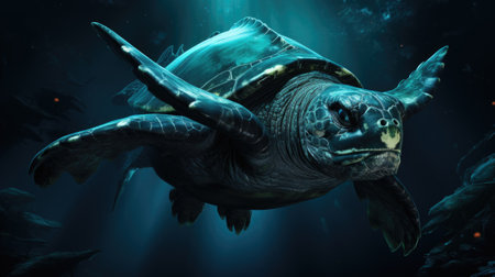 A turtle swimming in the ocean with its head above the water. Generative AI image.の素材