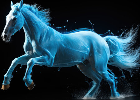 A blue horse is running in the water. Generative AI image.の素材