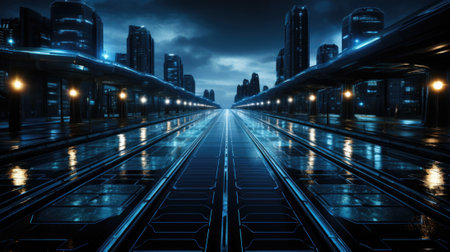 A train track with a city skyline in the background. Generative AI image.の素材