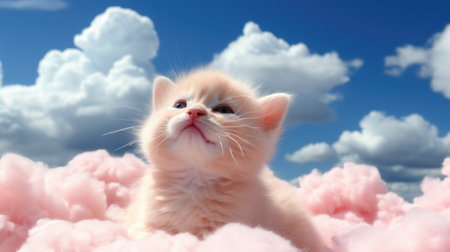 A small kitten sitting in a cloud filled sky. Generative AI image.の素材