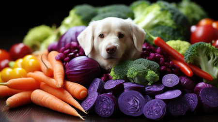 A dog sitting on top of a pile of vegetables. Generative AI image.の素材