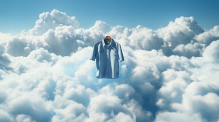 A blue shirt is floating in the clouds. Generative AI image.の素材