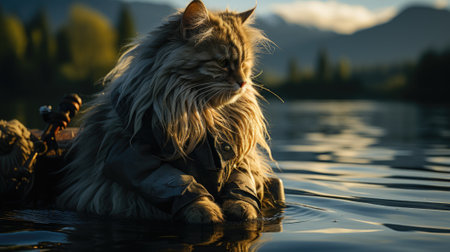 A long haired cat is sitting in the water. Generative AI image.の素材