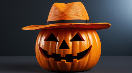 A pumpkin with a hat on top of it. Generative AI image.の素材
