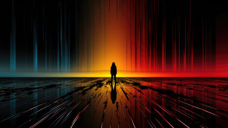A person standing on a beach at sunset. Generative AI image.の素材