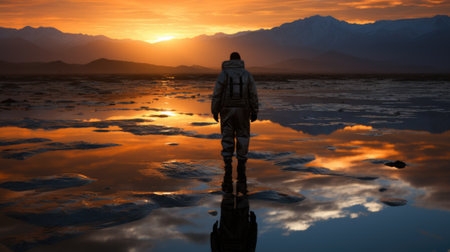 A person standing in the middle of a body of water. Generative AI image.の素材