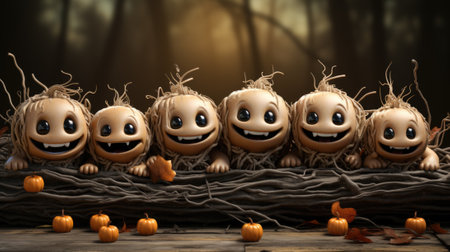 A group of pumpkin heads sitting on top of a wooden table. Generative AI image.の素材