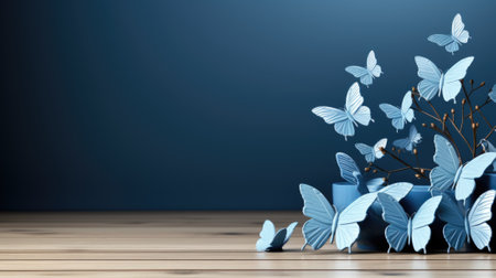 A bunch of blue butterflies are in a vase. Generative AI image.の素材
