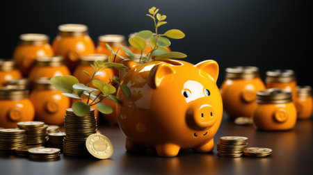 A piggy bank with a plant growing out of it. Generative AI image.の素材