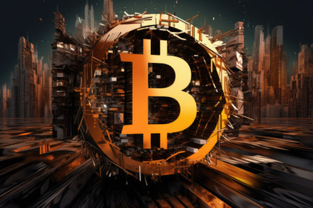 A golden bitcoin in front of a cityscape. Generative AI image.の素材