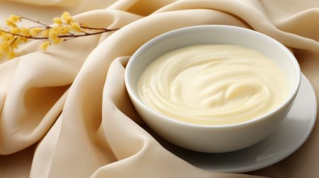 A bowl of yogurt sitting on top of a saucer. Generative AI image.の素材