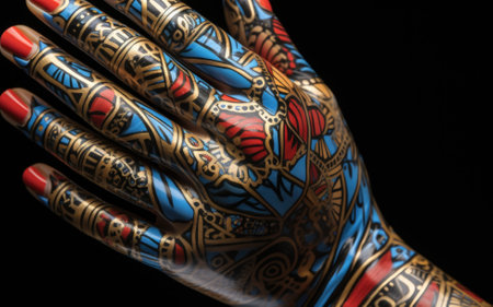A close up of a persons hand with painted hands. Generative AI image.の素材