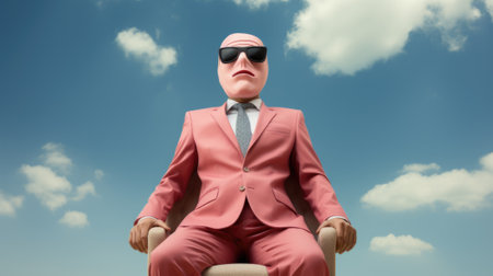 A man in a suit and sunglasses sitting on a chair. Generative AI image.の素材