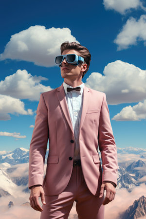 A man in a pink suit and sunglasses standing in front of a mountain. Generative AI image.の素材