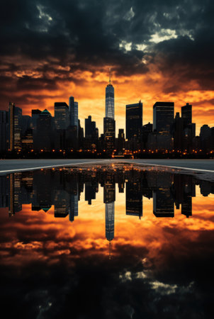 A city skyline with a reflection in the water. Generative AI image.の素材