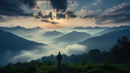 A person standing on top of a lush green hillside. Generative AI image.の素材