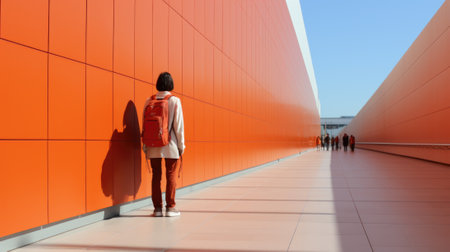 A person standing in front of an orange wall. Generative AI image.の素材