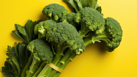 A bunch of broccoli on a yellow background. Generative AI image.の素材