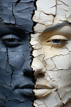 A womans face is painted blue and white. Generative AI image.の素材
