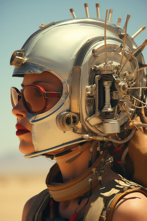 A woman wearing a helmet with spikes on it. Generative AI image.の素材