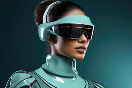 A woman wearing a futuristic suit and glasses. Generative AI image.の素材