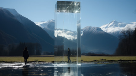 A person standing in front of a mirror in a field. Generative AI image.の素材